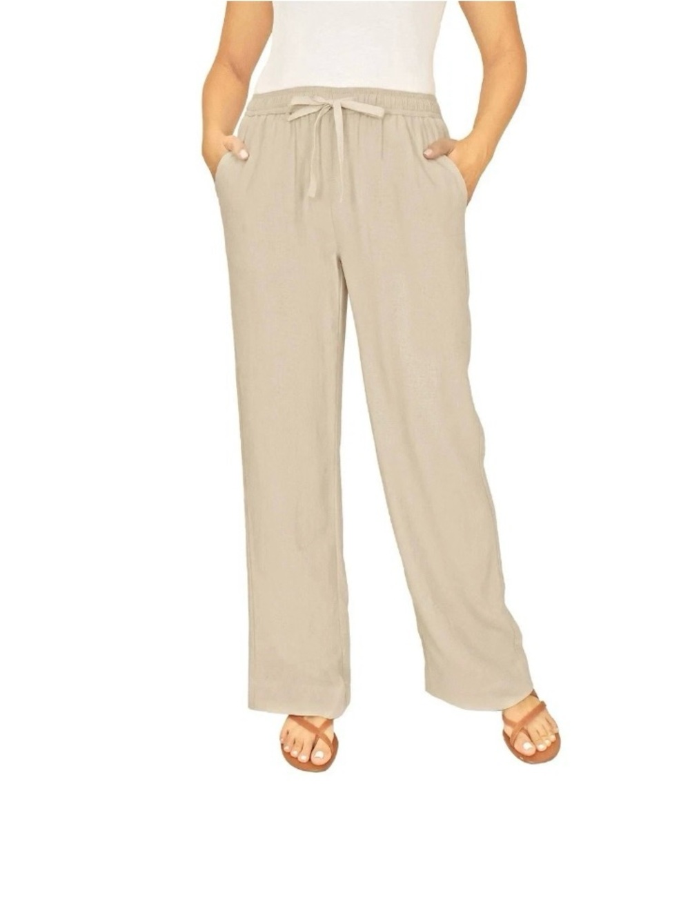 Briggs Linen Blend Wide Leg Pull On Pants Tan Relaxed Women’s L Casual